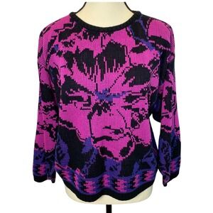 Vintage Via La Women's Abstract Floral Knit Sweater Crew Neck Pullover Retro